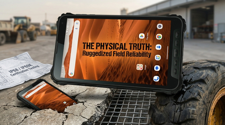 Tablette industrielle robuste Aozora K8 immerg&eacute;e dans la boue, &eacute;cran actif.jpg