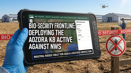 Industri&euml;le Verizon-tablet die bioveiligheidsgegevens in het veld synchroniseert via een 4G LTE-netwerk in afgelegen landbouwgebieden..jpg