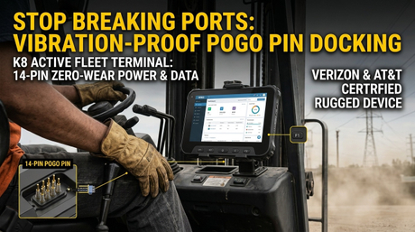 K8 Actieve robuuste tablet met pogo pin-dock gemonteerd op het dashboard van een magazijnvorkheftruck.jpg