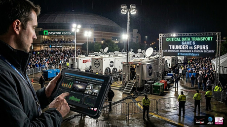Tablet Android robusto montado dentro de um caminh&atilde;o de transmiss&atilde;o ao ar livre em um est&aacute;dio esportivo..jpg